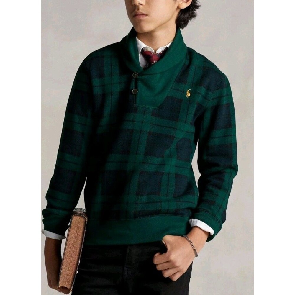 Polo Ralph Lauren Kids' Boys Plaid Shawl Collar Pullover Sweater SIZE (8) EUC